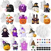 Soulchen 16 Sets Halloween DIY Painting Kits Unpainted DIY Ceramic to Paint Pumpkin Ghost Bat Skull Witch Gnome Cat Ready to Paint Refrigerator Magnets for Room Activity Halloween Gifts