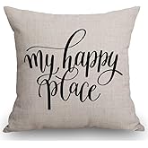 SSOIU My Happy Place Cotton Linen Throw Pillow Case Cushion Cover Home Office Decorative Square 18 X 18 Inches