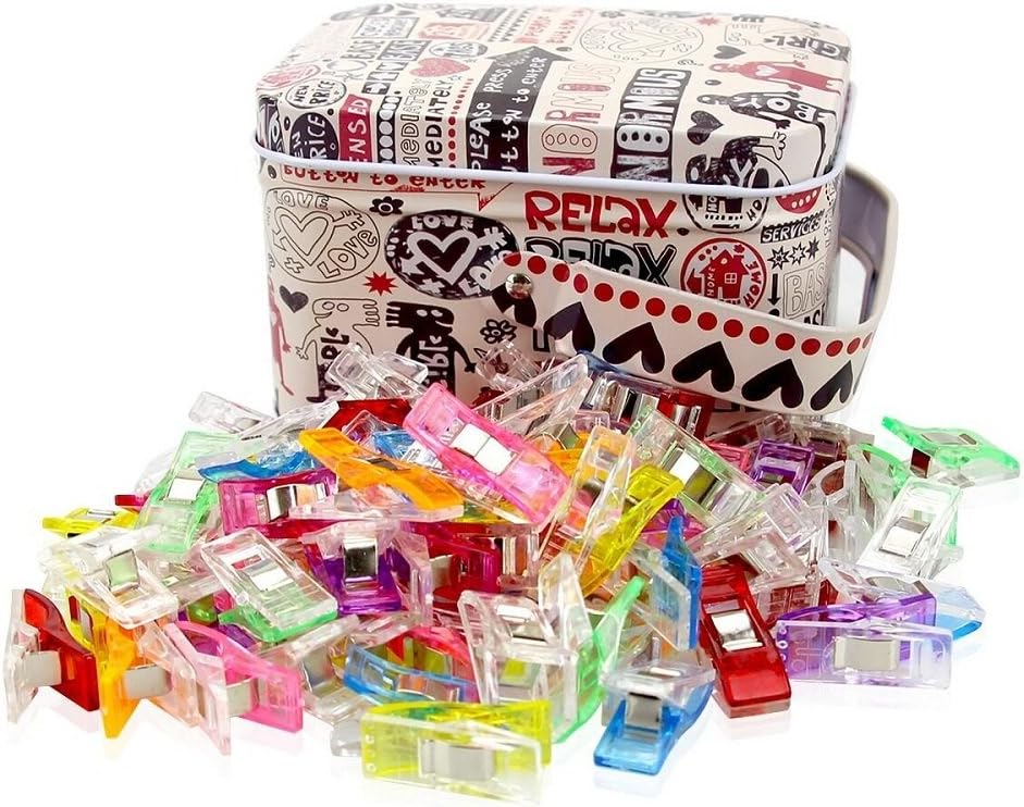 Multipurpose Sewing Clips With Tin Box, Pack of 100 Wonder Clips Assorted Colors for Sewing Craft Clamps Crafting Crochet Knitting Quilting Crafting Blinder Clips