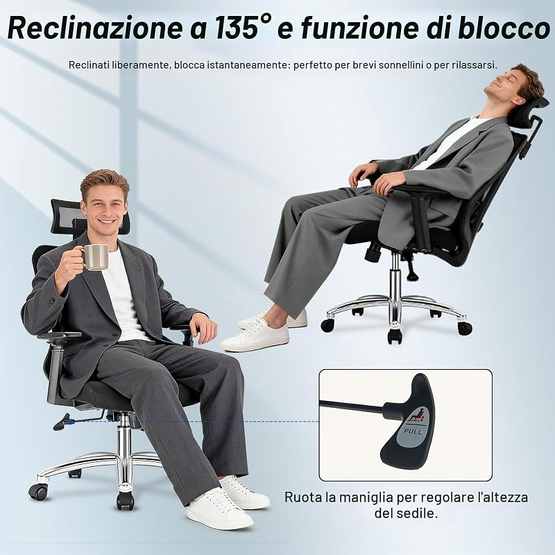 Sedia da ufficio ergonomica, con supporto lombare, poggiatesta e braccioli regolabili, blocco di inclinazione a 3 livelli, sedia da scrivania delicata sulla schiena, fino a 150 kg, per ufficio