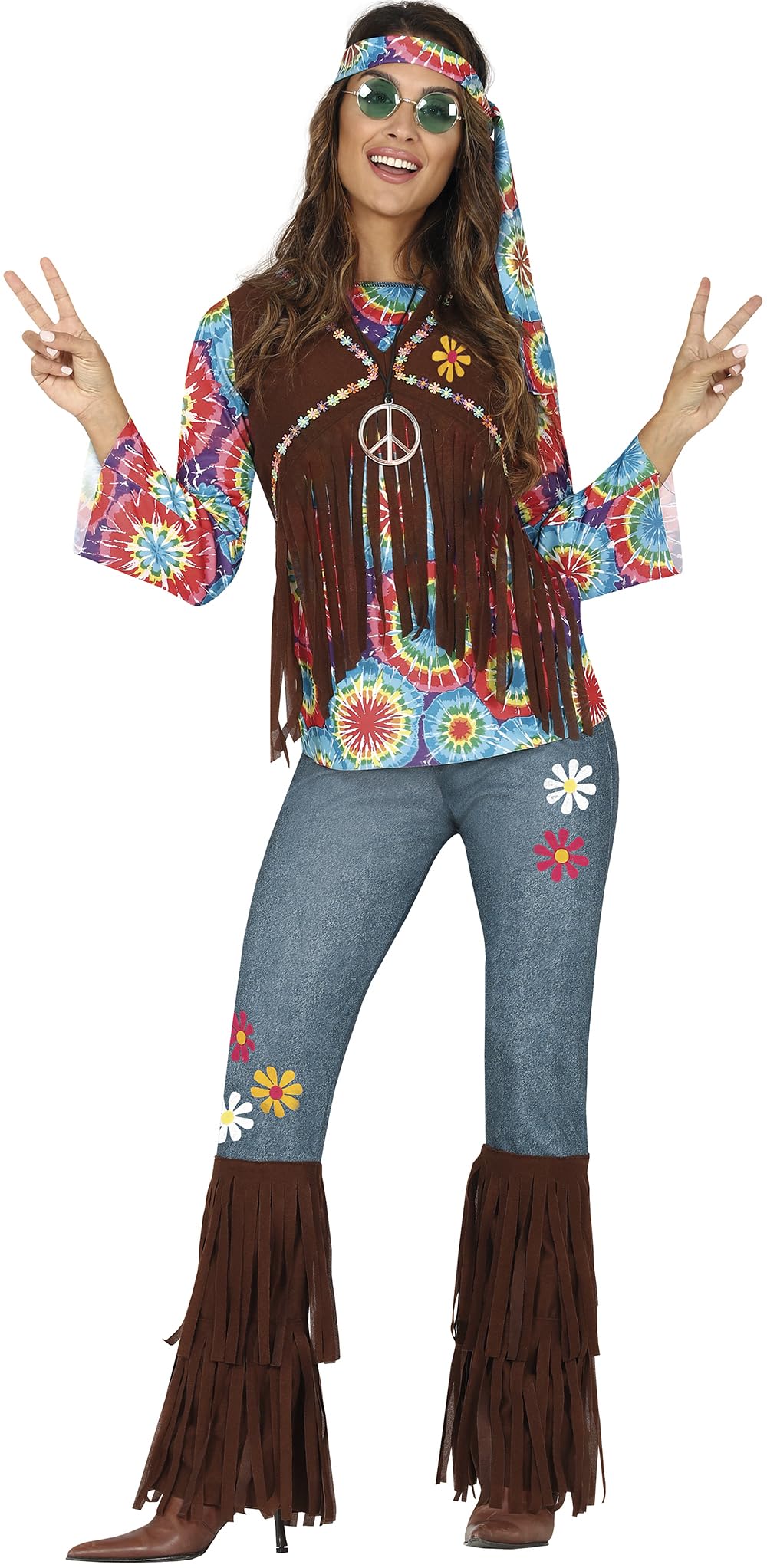 FIESTAS GUIRCA | Hippie Fancy Dress Women (10-12/M) - Top, Waistcoat, Headband and Trousers - 60s and 70s Costumes for Themed Parties, Carnival and Halloween - Ideal for Adults - Brown and Multicolour