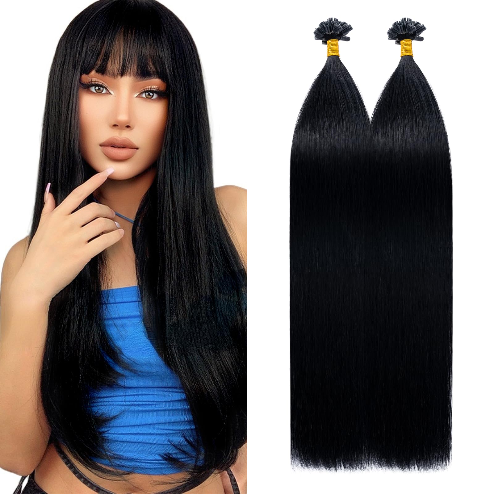Silk-co U Tip Pre Bonded Hair Extensions Strands Keratin Nail Tip Straight Human Hair Extensions U tip Real Remy Hair 100 Strands Keratin Nail Til 24"-100g #01 Jet Black