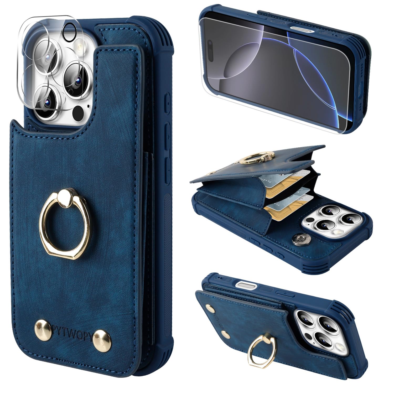 Photo 1 of PYTWOPY Wallet Case Compatible for iPhone 16 Pro Max 6.9 inch with Credit Card Holder,Shockproof Protective Phone Cover Supports 360°Rotation Ring Stand and RFID Blocking,Navy Blue