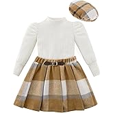 Patgoal Toddler Girl Outfits Puff Sleeve Ribbed Shirt Knitted Tops Pleated Plaid Skirt Set with Hat 3Pcs Fall Winter Clothes