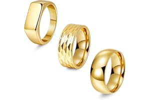 REVOLIA 3Pcs Stainless Steel Rings for Men 8MM Hammered Wedding Ring Set Square Signet Rings Pinky Silver Ring Simple Mens Band Rings Gold/Black/Silver Size 7-13