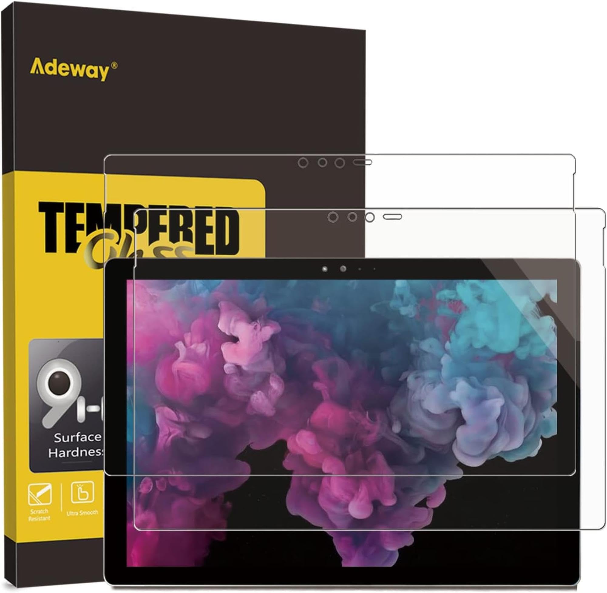 Adeway 2 Pack Tempered Glass Screen Protector For Surface Pro 6/5/4, Premium HD Clear, High Responsivity, Scratch Resistant, 12.3 Inch (1724/1726/1807 Model)