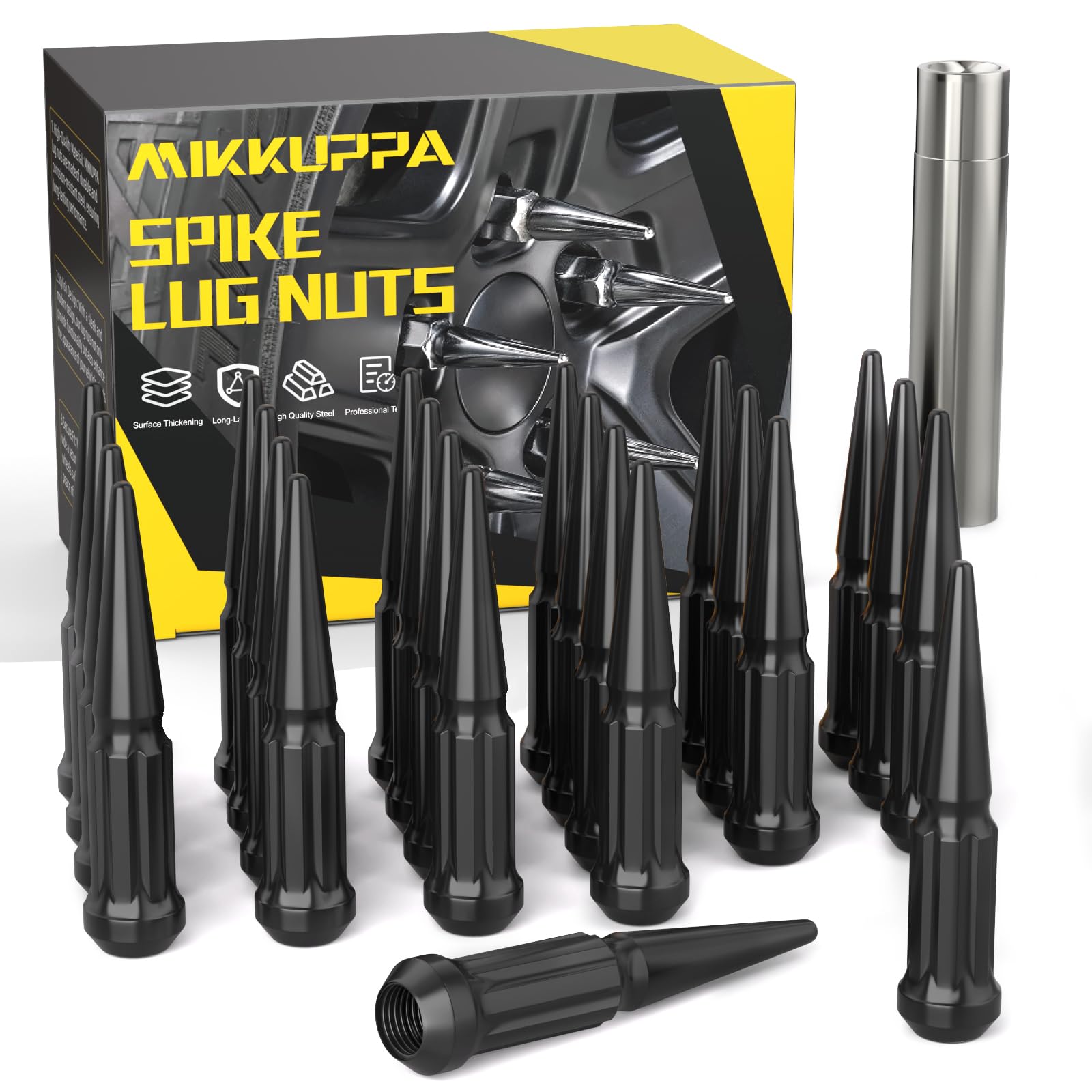 Photo 1 of MIKKUPPA 12x1.5 Spike Lug Nuts - 24pcs M12x1.5 Lug Nuts, 3/4 Inch Hex, 4.4 Inch Tall, Conical Bulge Seat - Black Closed End Nuts with 1 Socket Key