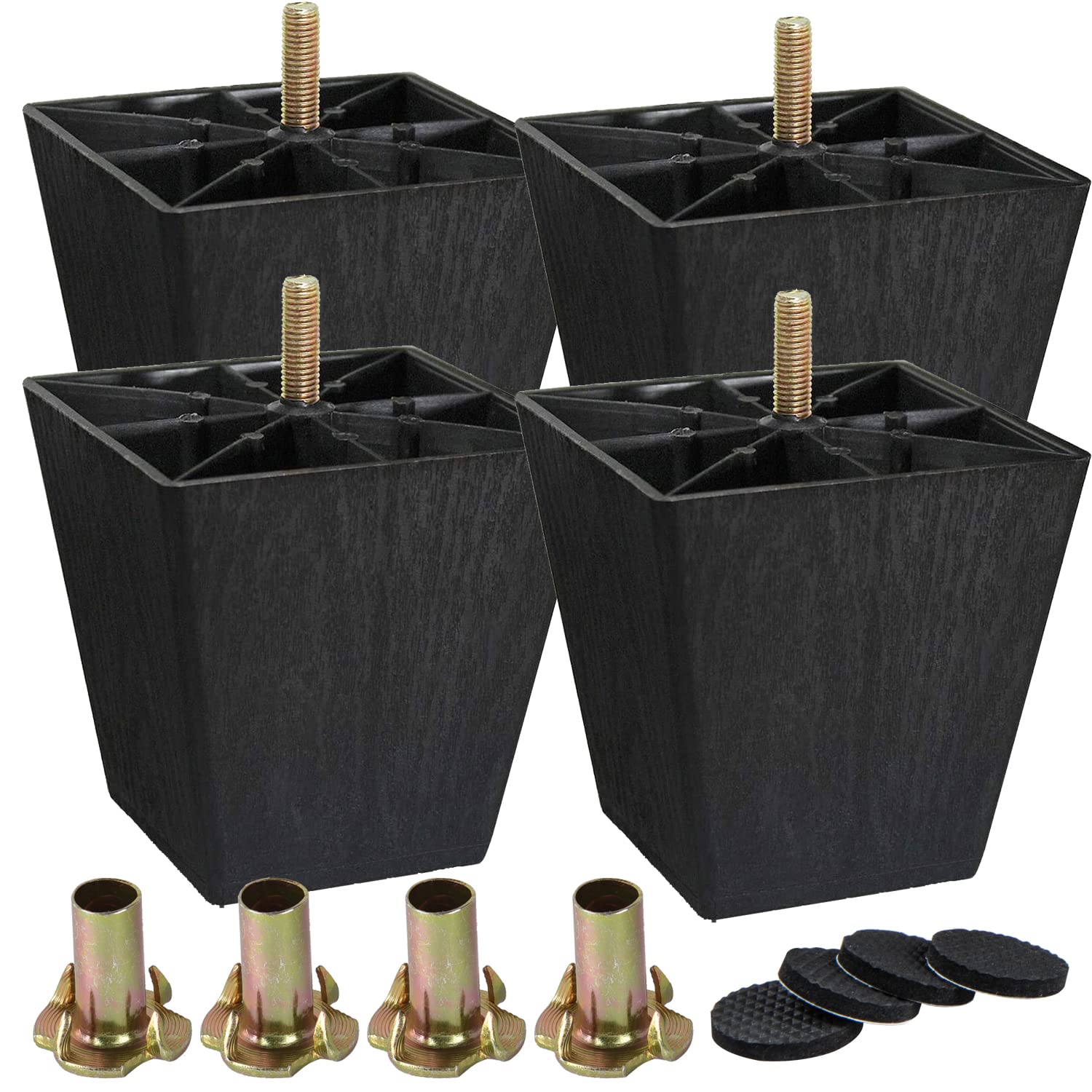 Photo 1 of La Vane 4 inch Plastic Furniture Legs, Set of 4 Mid Century Modern Square Pyramid Replacement Bun Feet with Pre-Drilled M8 5/16 Inch Bolt & Mounting Plate for Sofa Couch Cabinet Loveseats Ottoman