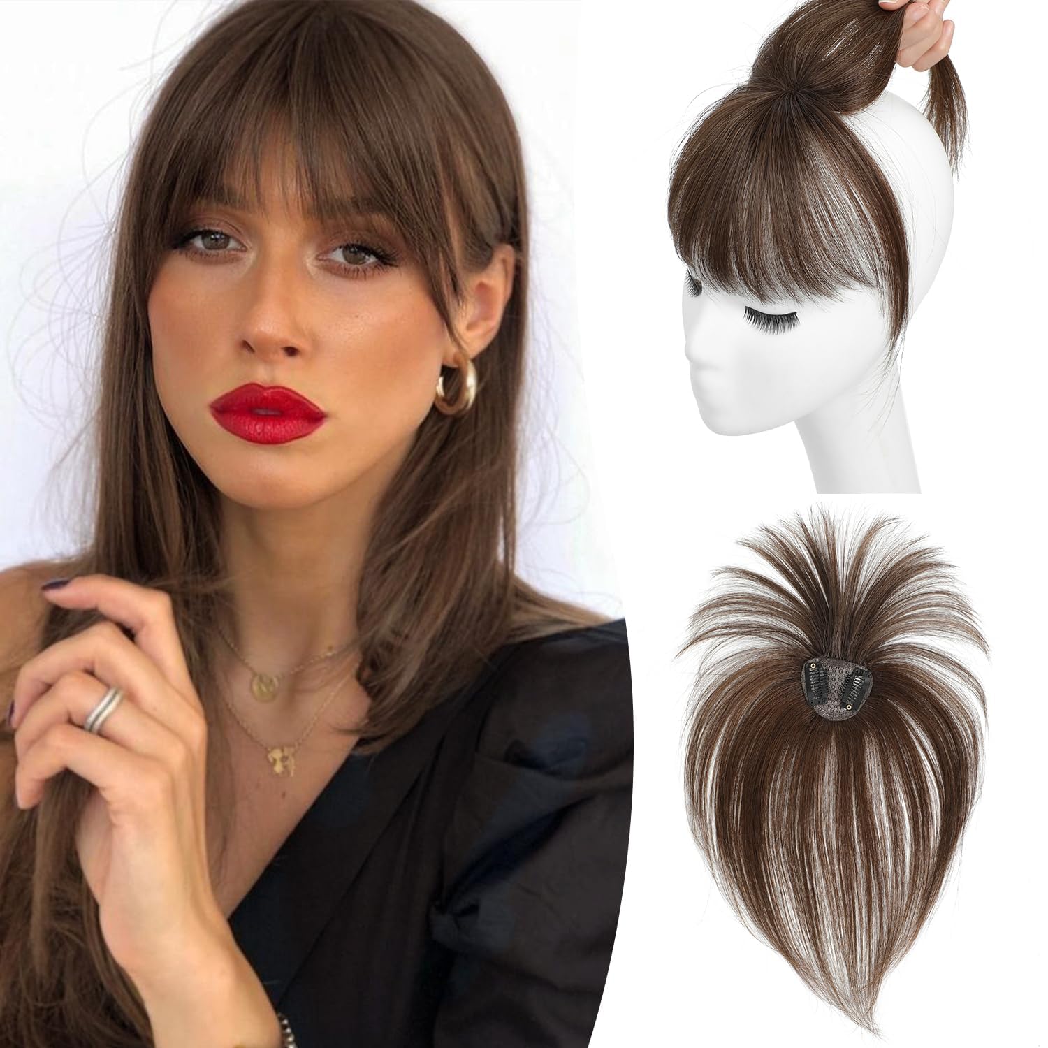 Flyroseing 100% Real Human Hair Clip in Fringe, Light Brown Clip in Bangs Hairpieces, Full Neat Bangs Fringe 360°Cover Clip in Fringe Hairpiece for Women
