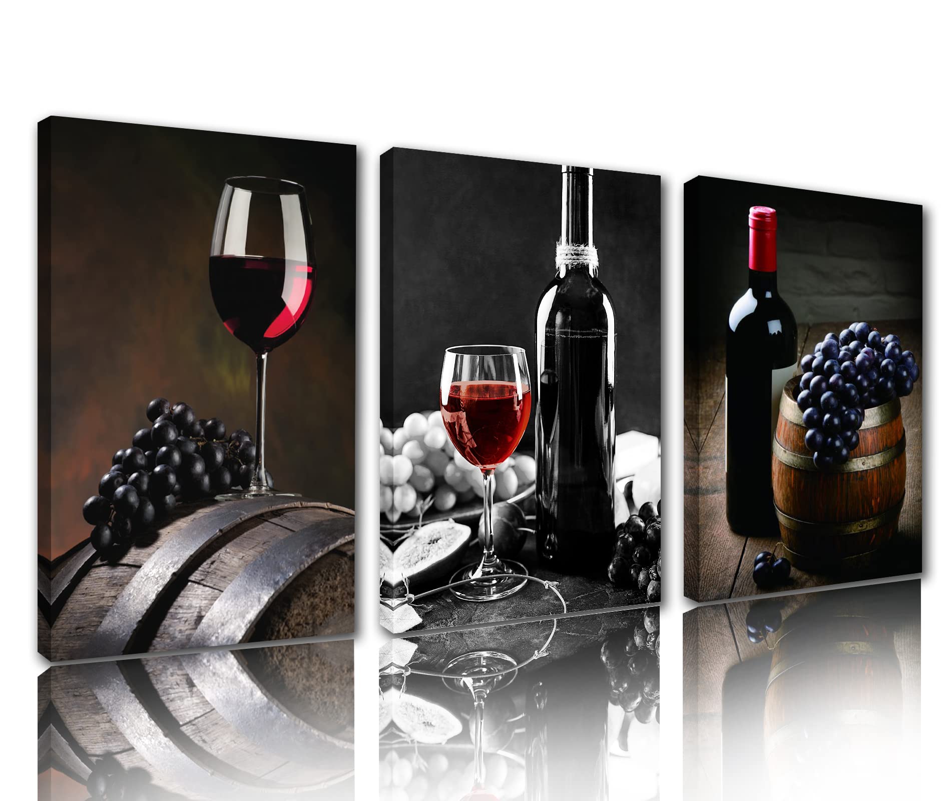 Tucocoo Dining Room Decor Paintings Grape Red Wine Glass Pictures 3 Panel Canvas Wine Bottle Barrel Wall Art Modern Artwork House Decor for Kitchen Giclee Framed Ready to Hang-Small 14x20inchx3Pcs