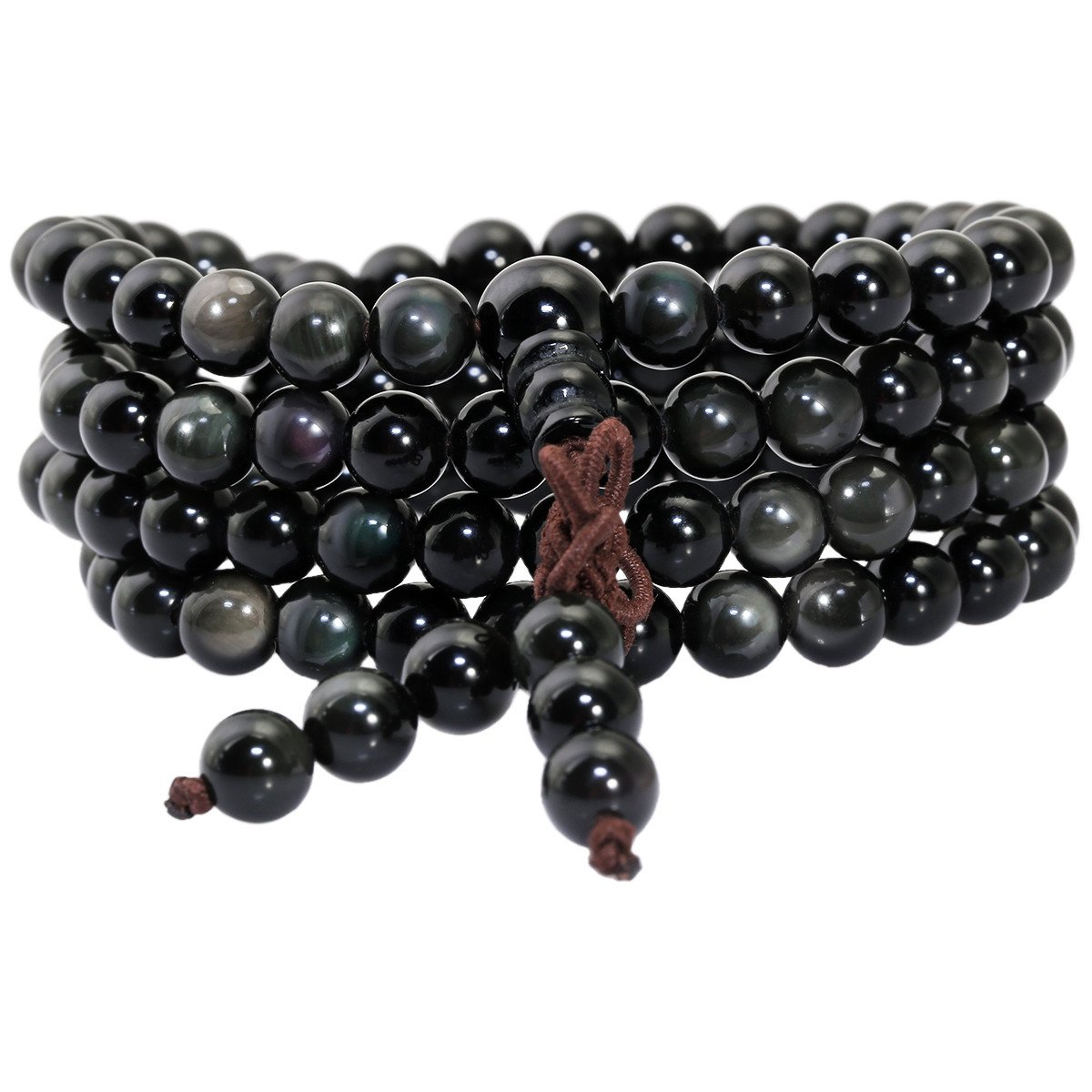 Shanxing 6mm Rainbow Obsidian Crystal 108 Prayer Beads Mala Bracelet for Men Women, Black Protection Worry Beads Healing Crystal Bead Wrap Bracelet Buddhist Jewelry Gift Reiki Meditation Necklace