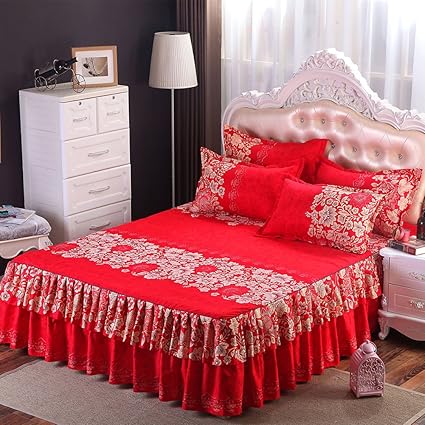 Leoie Floral Fitted Sheet Cover Graceful Bedspread Laced Fitted Sheet Bed Skirt