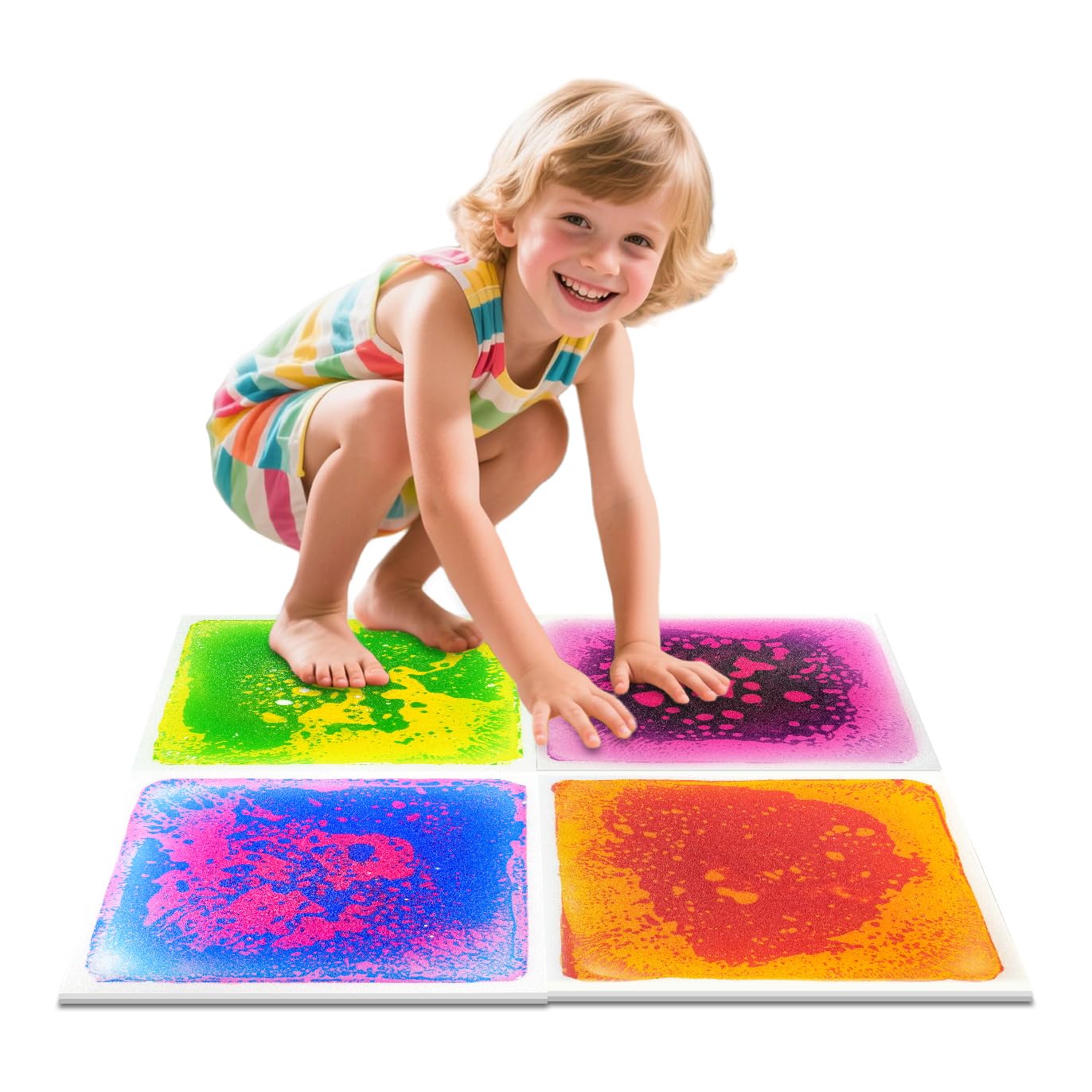 Sensory Floor Tiles, Pack of 4 – EN71 Compliant, CE Marked, Non-Toxic Liquid Motion Mats for Autism, ADHD & SPD – Stimulating Tactile Play for Classrooms, Nurseries & Therapy Rooms – 30x30cm Non-Slip