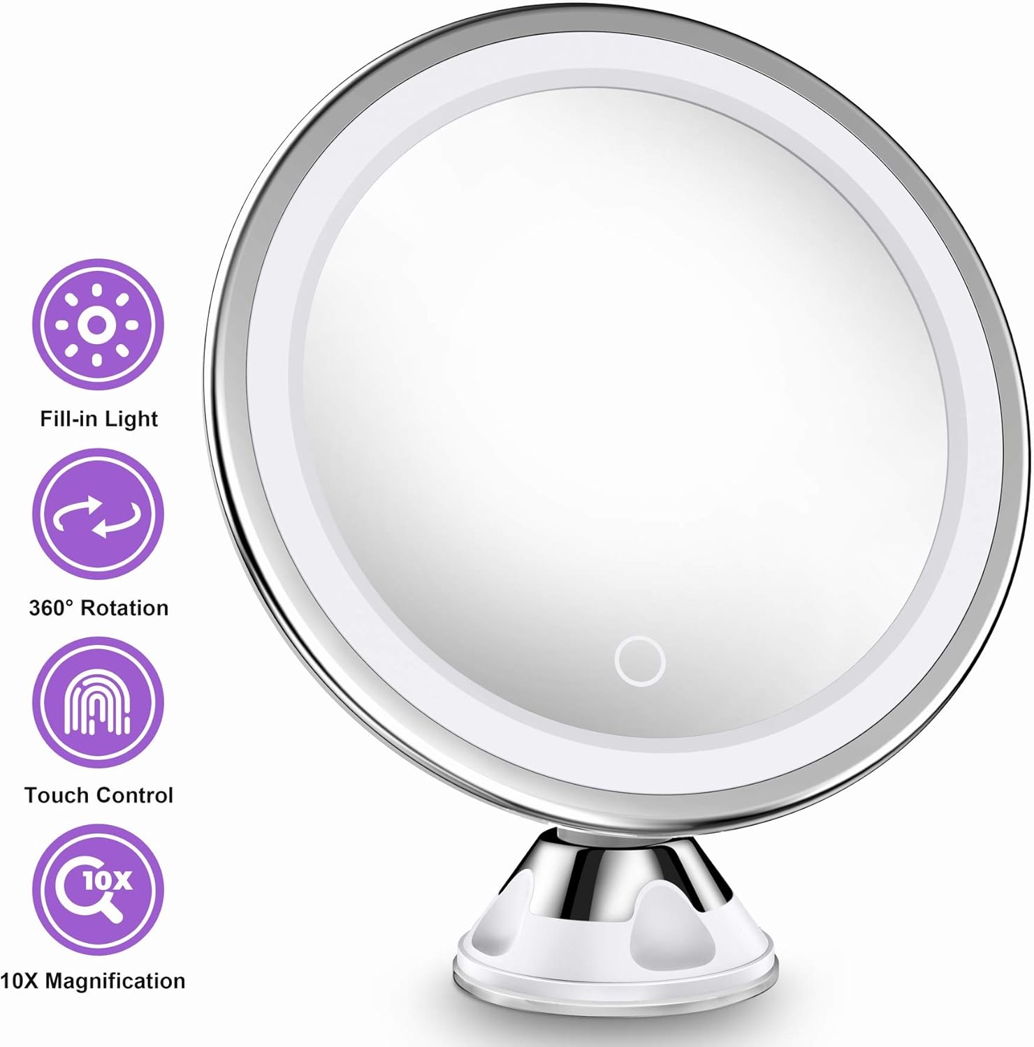 Upgraded 10x Magnifying Lighted Makeup Mirror with Touch Control LED Lights, 360 Degree Rotating Arm, and Powerful Locking Suction Cup, Portable Magnifying Mirror for Home, Bathroom Vanity, and Travel