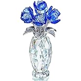 H&D HYALINE & DORA Blue Crystal Rose Flower Paperweight,Glass Flower Gifts for Women Girl Wife,Crystal Flowers Bouquet Collectible for Christmas Day Wedding Anniversary