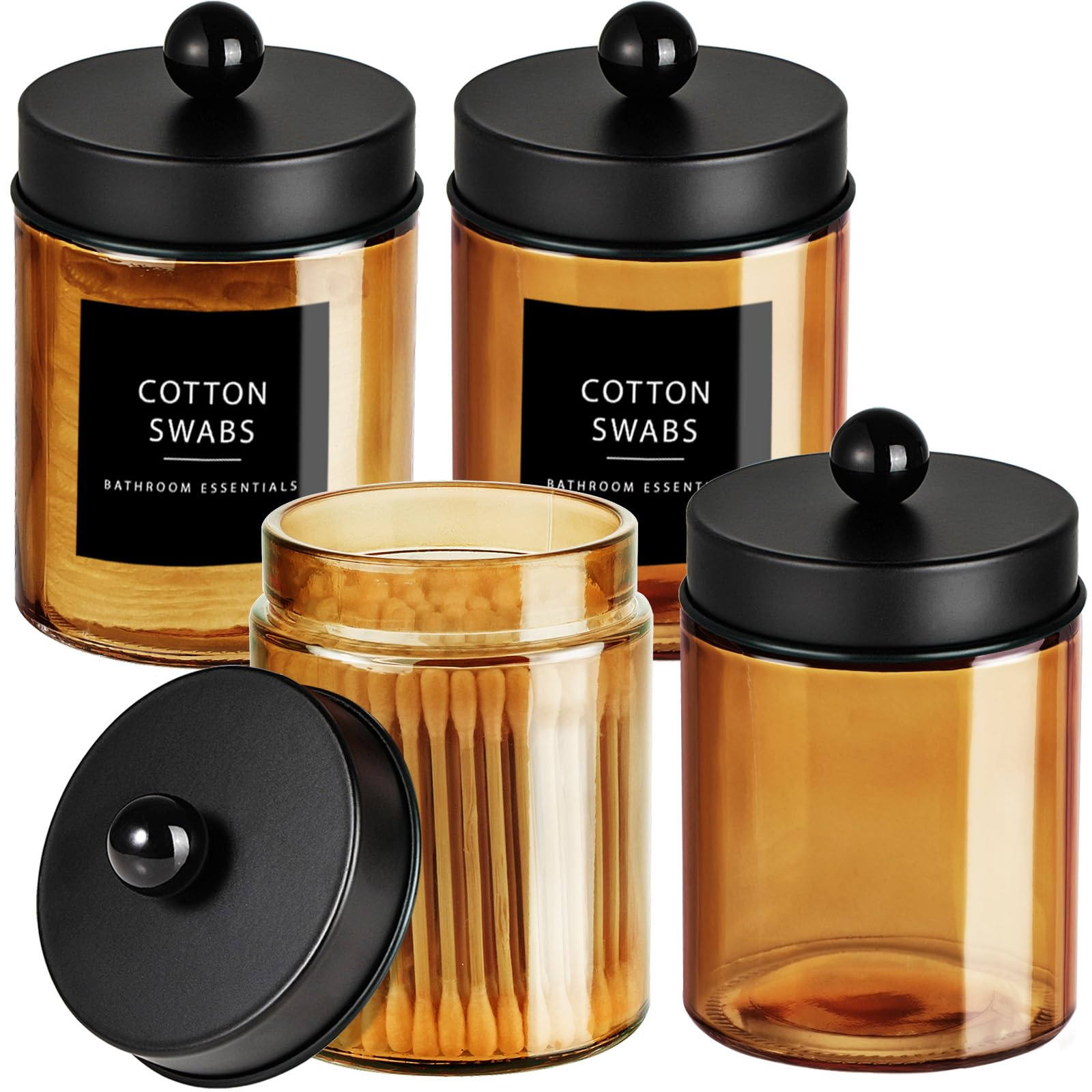 Amolliar Bronze Glass Apothecary Jar, Qtip Holder Metal Lid & Stickers, Bathroom Qtip Dispenser Storage Canister, Perfect for Cotton Balls, Cotton Swabs, Makeup Pads, Bath Salt, Floss, 4 Pack (Black)