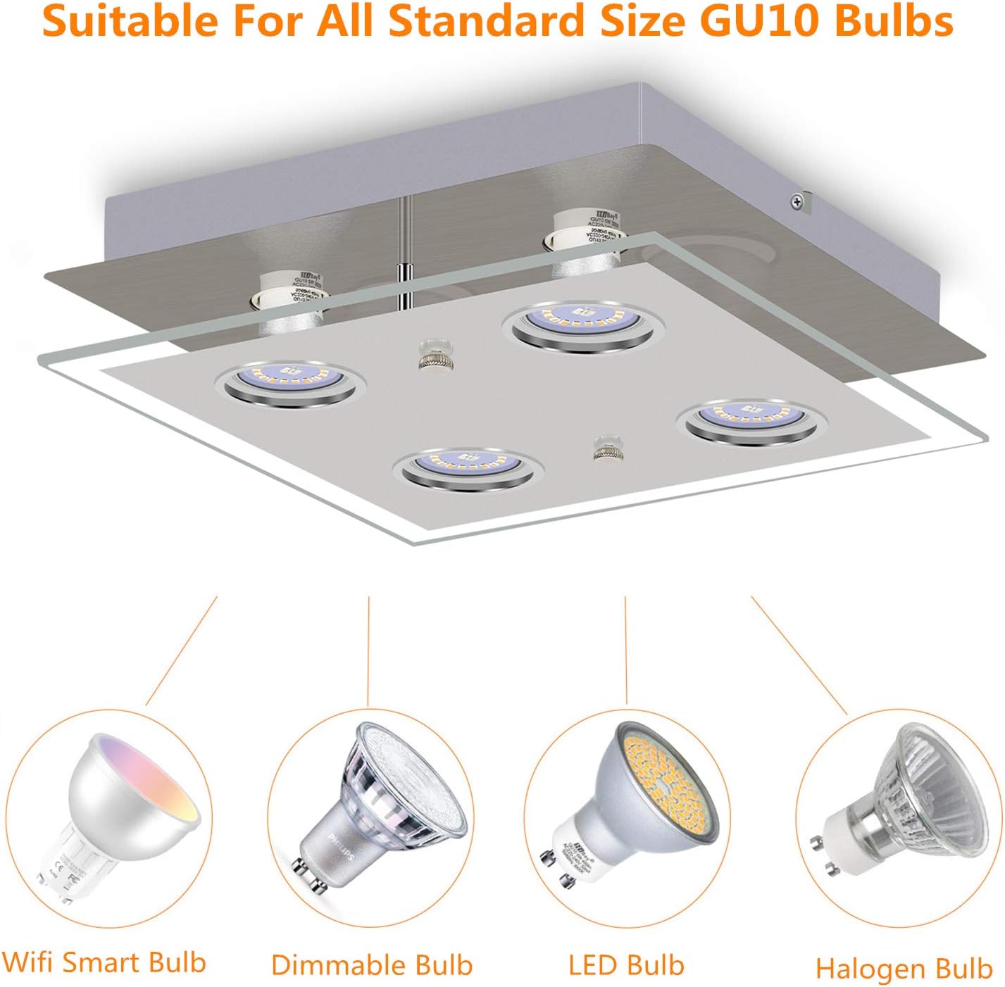 HiBay Modern Ceiling Light Chrome LED Kitchen Spotlight Fittings 4 Way Ceiling Spots GU10 Square Flush Lamp 240V for Bedroom Living Room - Image 4