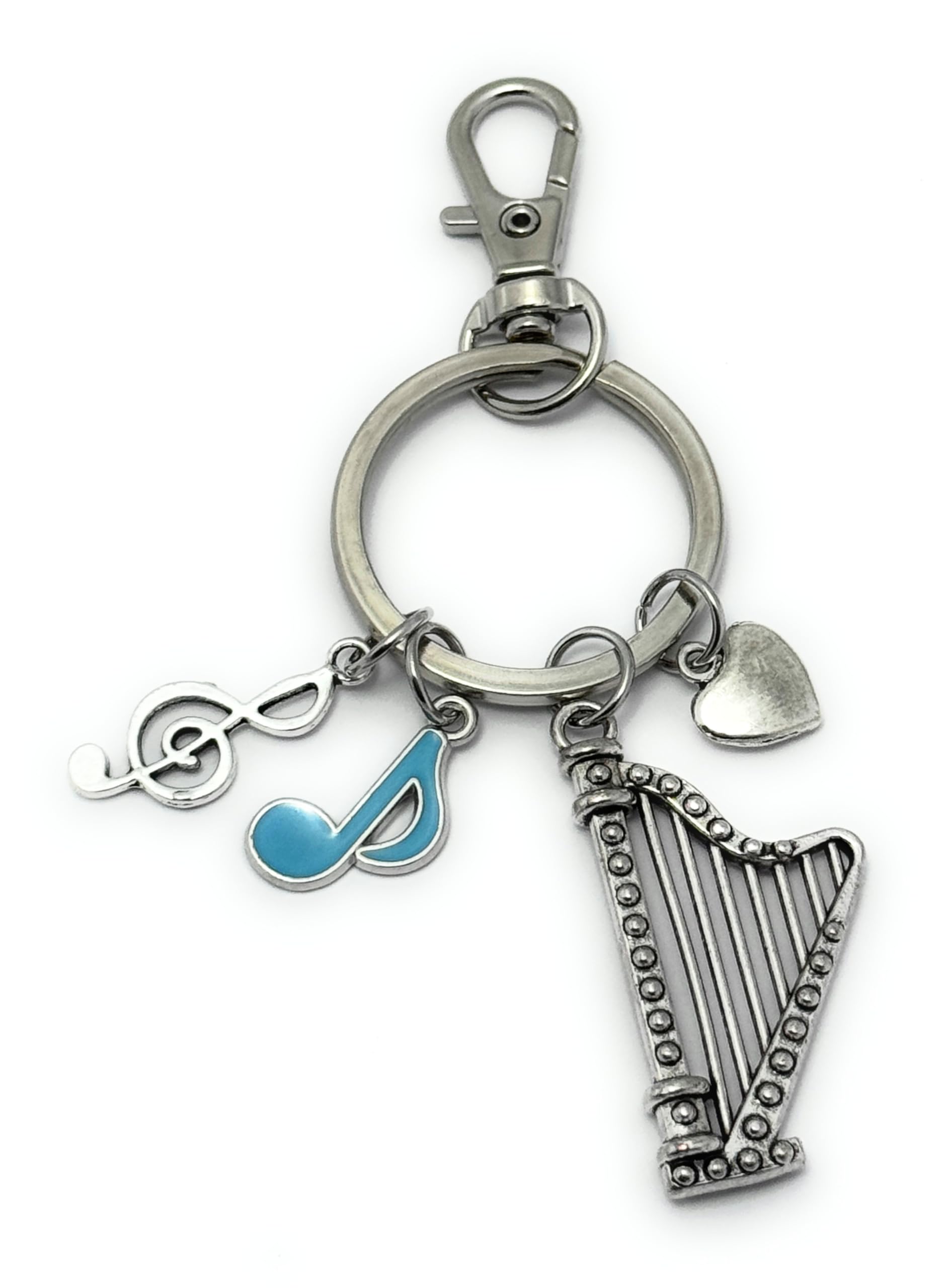 FizzyButton Gifts Harp Music Keyring Key Ring with Harp, Quaver, Heart and Treble Clef Charms and Lobster Clasp