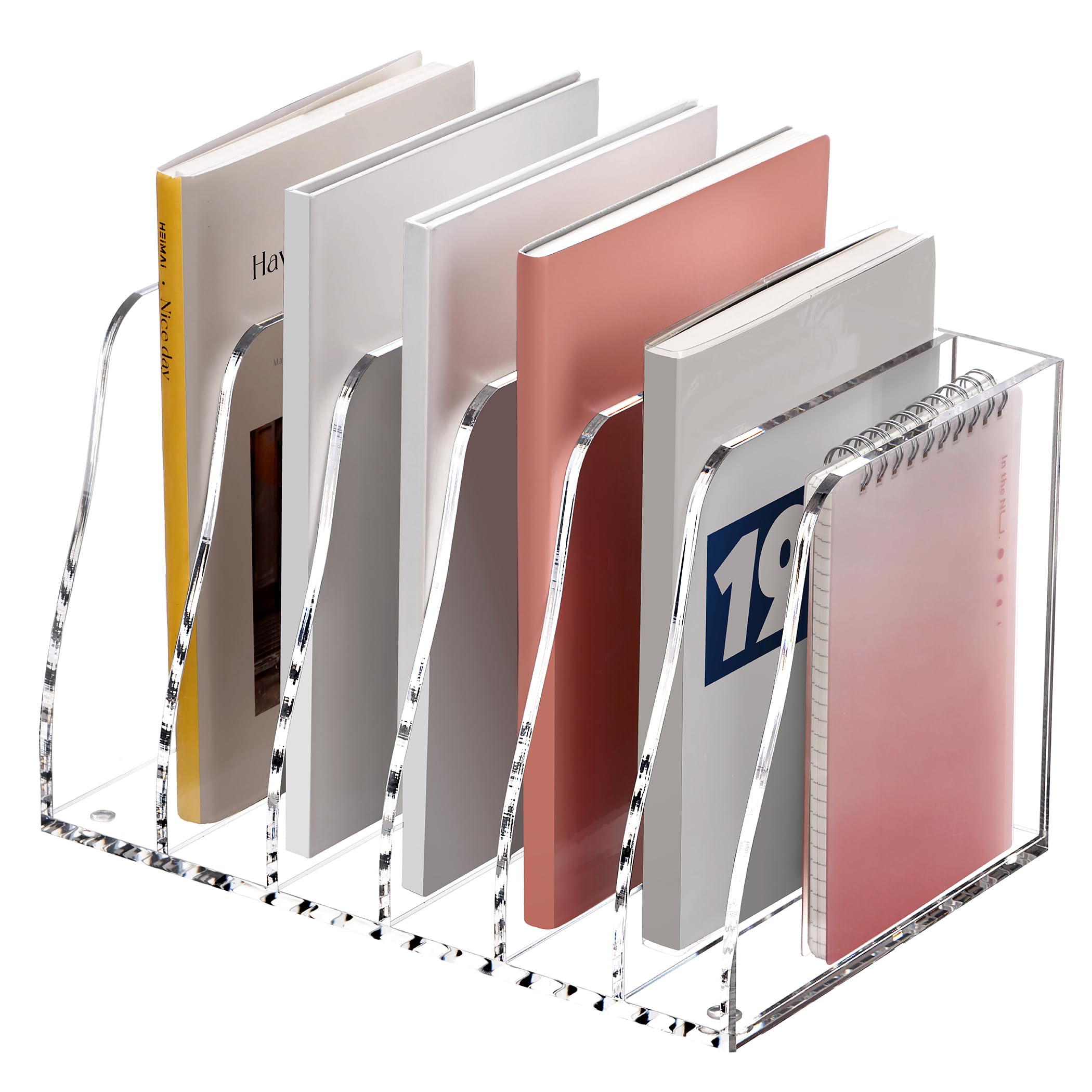 Photo 1 of SANRUI Acrylic File Organizer, Compact Desk Organizer for Folders, Binders, Notebooks, Envelopes, Vertical Binder Storage Organizer, 6 Section Bookshelf for School Home Office Organization