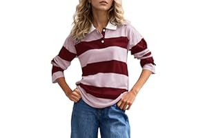SAFRISIOR Womens Striped Polo Long Sleeve Rugby Shirts V Neck T Shirts Color Block Casual Tee Tops