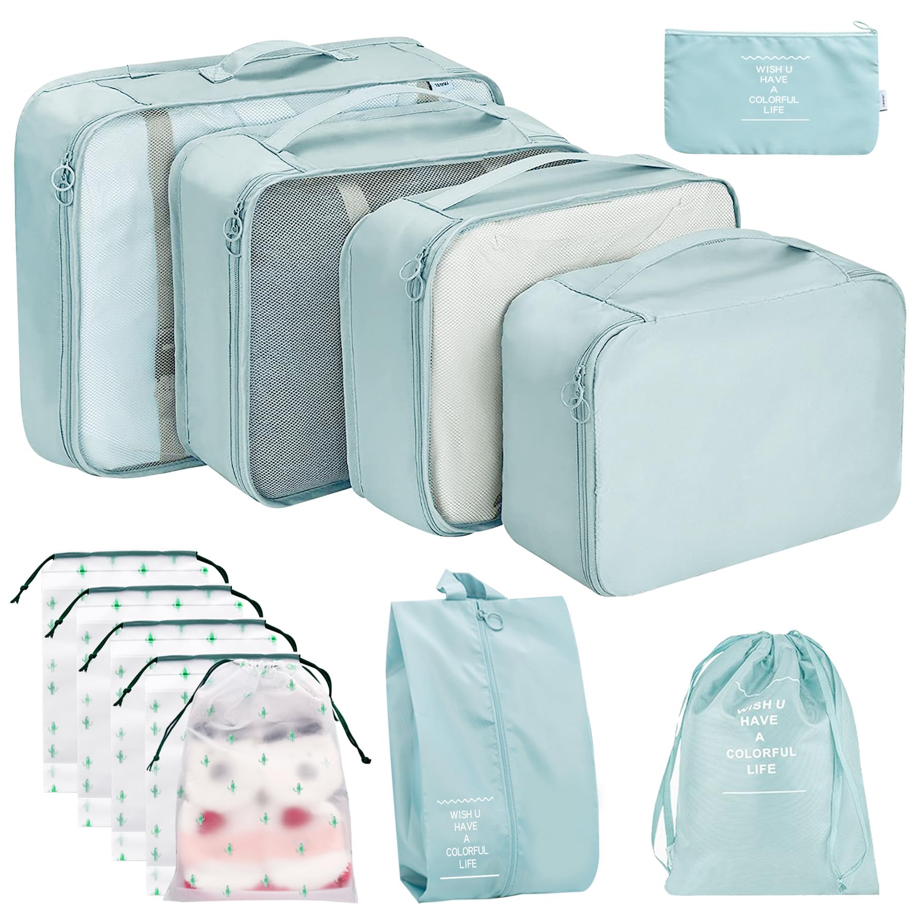 12Pcs Packing Travel Cubes for Suitcase Luggage Organizers with 5 Drawstring Bags,Suitcase Organiser Bag with Waterproof Shoe Storage Bag Compression Pouches Blue