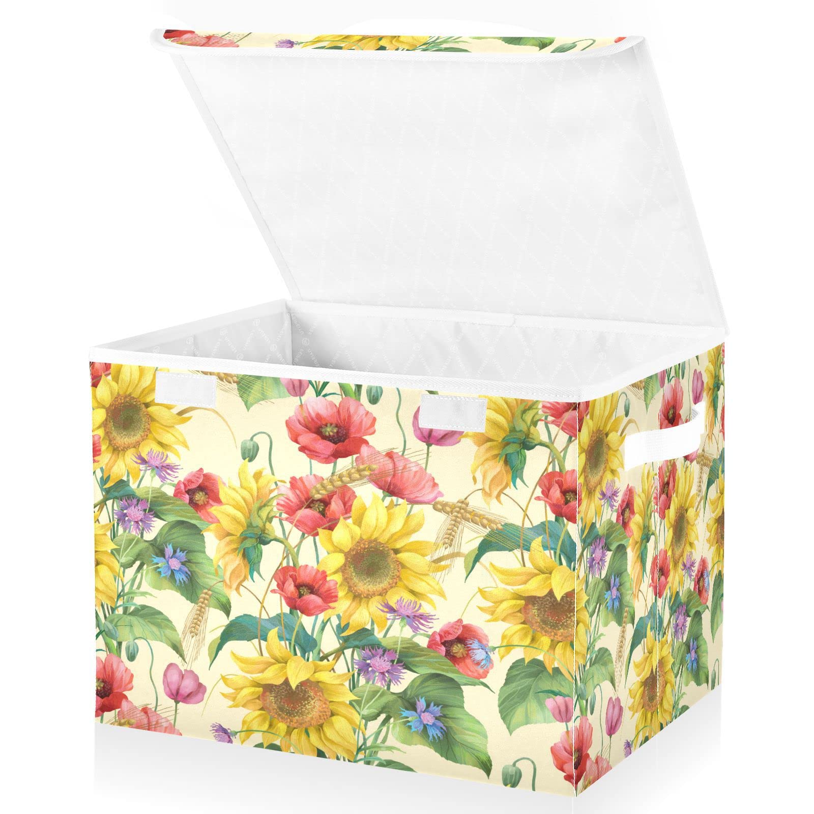 Mnsruu Storage Boxes with Lids, Shabby Chic Sunflower Poppy Daisy Large Storage Basket Organizer Shelves Cube Bin Toy Clothes Underbed