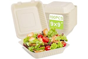 greensight Clamshell Take Out Food Container 100 Pack, 9X9 Compostable Food Container, Disposable To Go Boxes, Made From Eco-Friendly Biodegradable Sugarcane Fibers