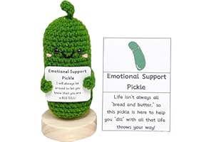 BULINGNA Emotional Support Pickle Handmade Emotional Support Pickled Cucumber Cute Crochet Knitte Positive Eggplant Gift for Kids Adults (One Size, 1PC Green Pickle+Wooden Stand)