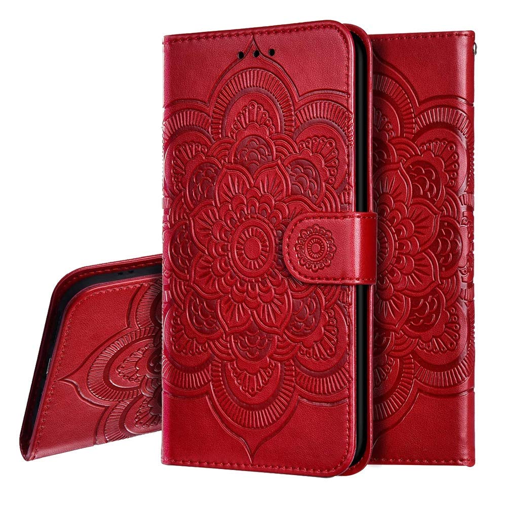 IMEIKONST Compatible with iPhone 13 6.1 inch Case, Premium PU Leather Embossed Phone Case Bookstyle Flip Wallet Card Slot Holder Magnetic Stand Cover for iPhone 13. Mandala Red LD