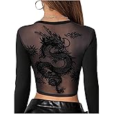 BEAUDRM Women's Halloween Goth Crop Tops Dragon Print Long Sleeve T Shirts Sexy Sheer Mesh Going Out Party Tee Top