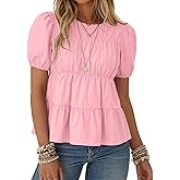 Rapbin Women's Puff Short Sleeve Peplum Babydoll Tops Casual Womens Tshirts Cotton Loose Fit Boutique Clothing (Pink M)