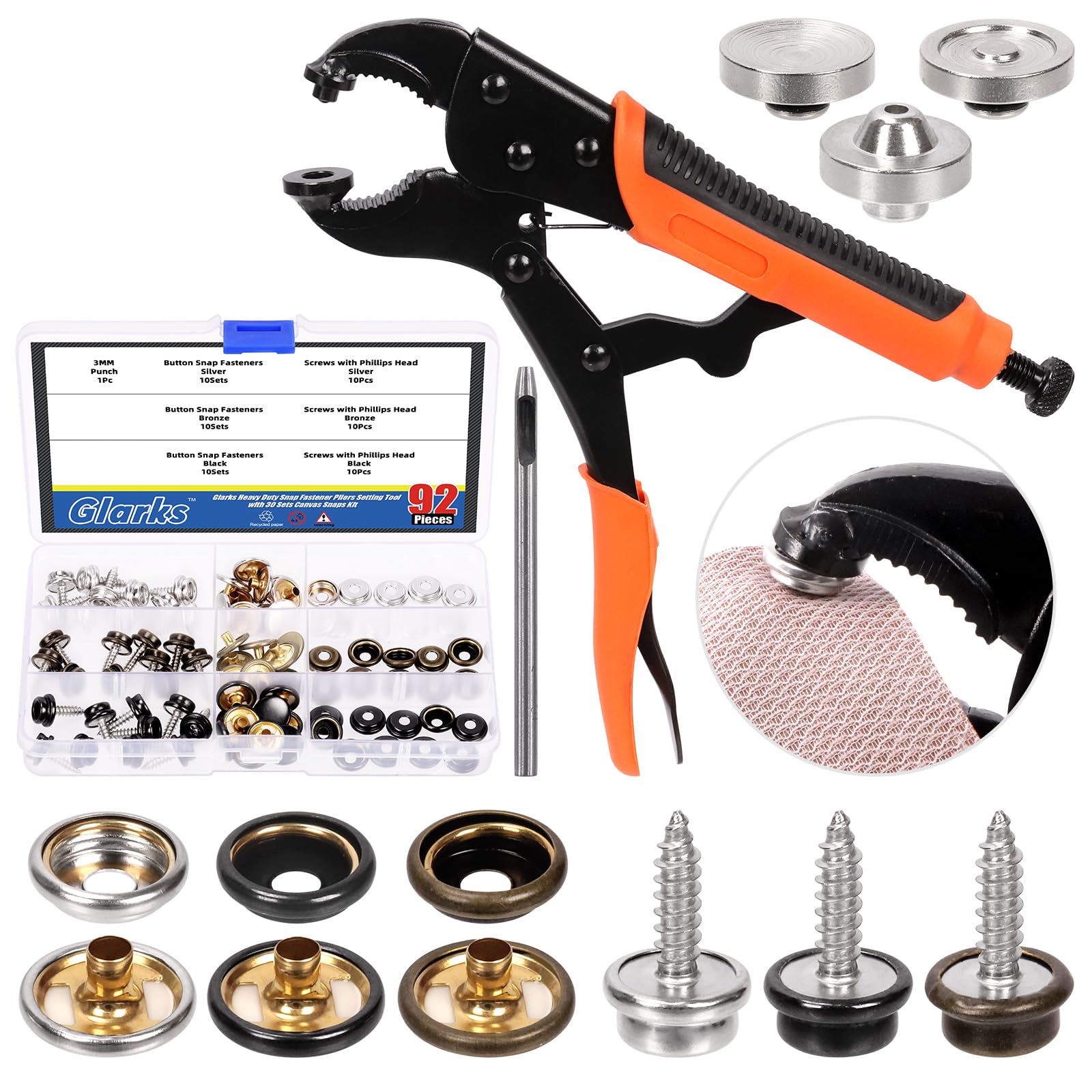 Glarks Heavy Duty Snap Fastener Pliers Snap Setter Tool with 90Pcs 30 Sets 15 x 15mm Stainless Steel Marine Grade Boat Cover Snap Button Fastener Kit for Repairing Boat Covers, Canvas and Tarp