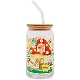 Silver Buffalo Sanrio Hello Kitty and Friends Mushroom Crew Glass Tumbler With Bamboo Lid and Reusable Glass Straw | Holds 16 Ounces