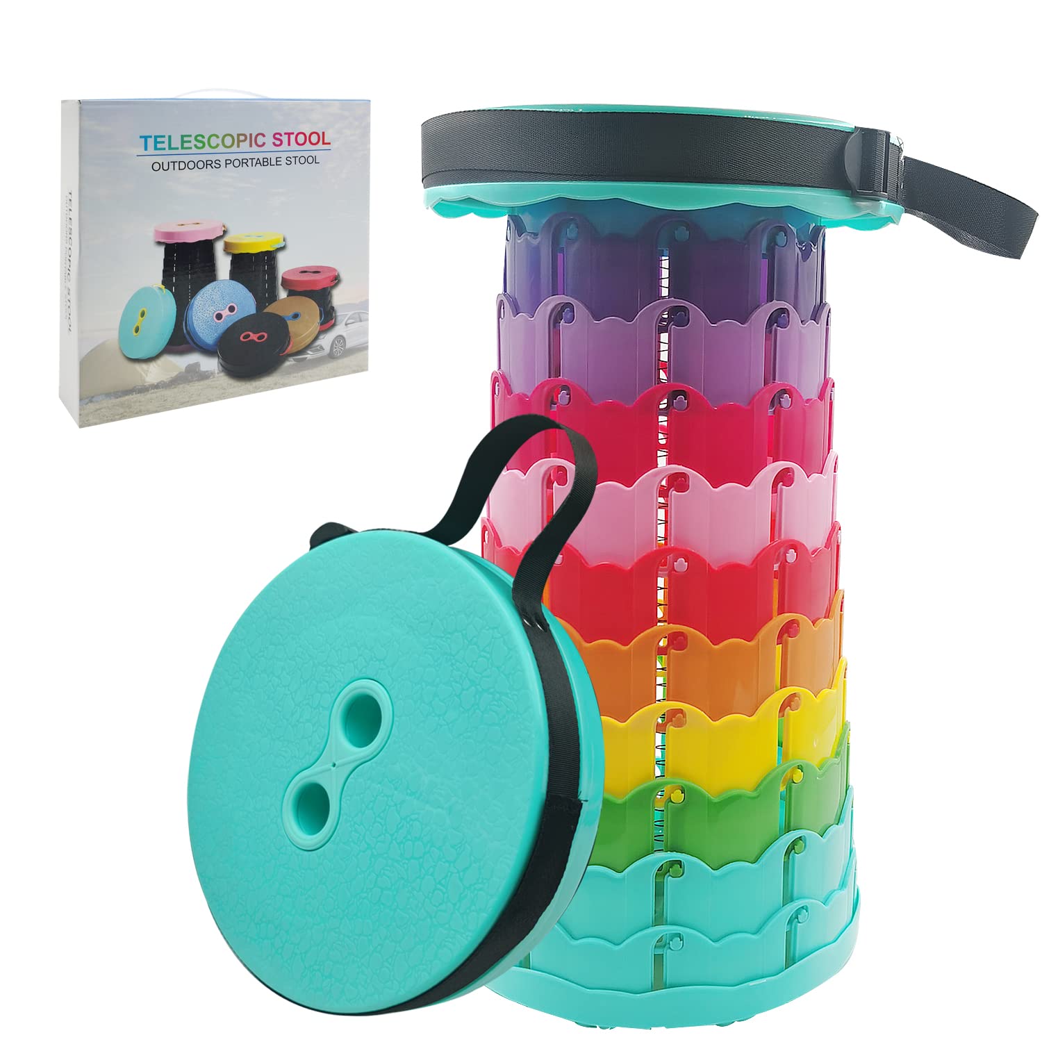 Portable Collapsible Folding Stool, Rainbow Lightweight Plastic Retractable Camping Stool for Fishing Hiking BBQ Outdoors Indoors Kitchen, Telescopic Pop Up Seat with Load Capacity 387Lbs