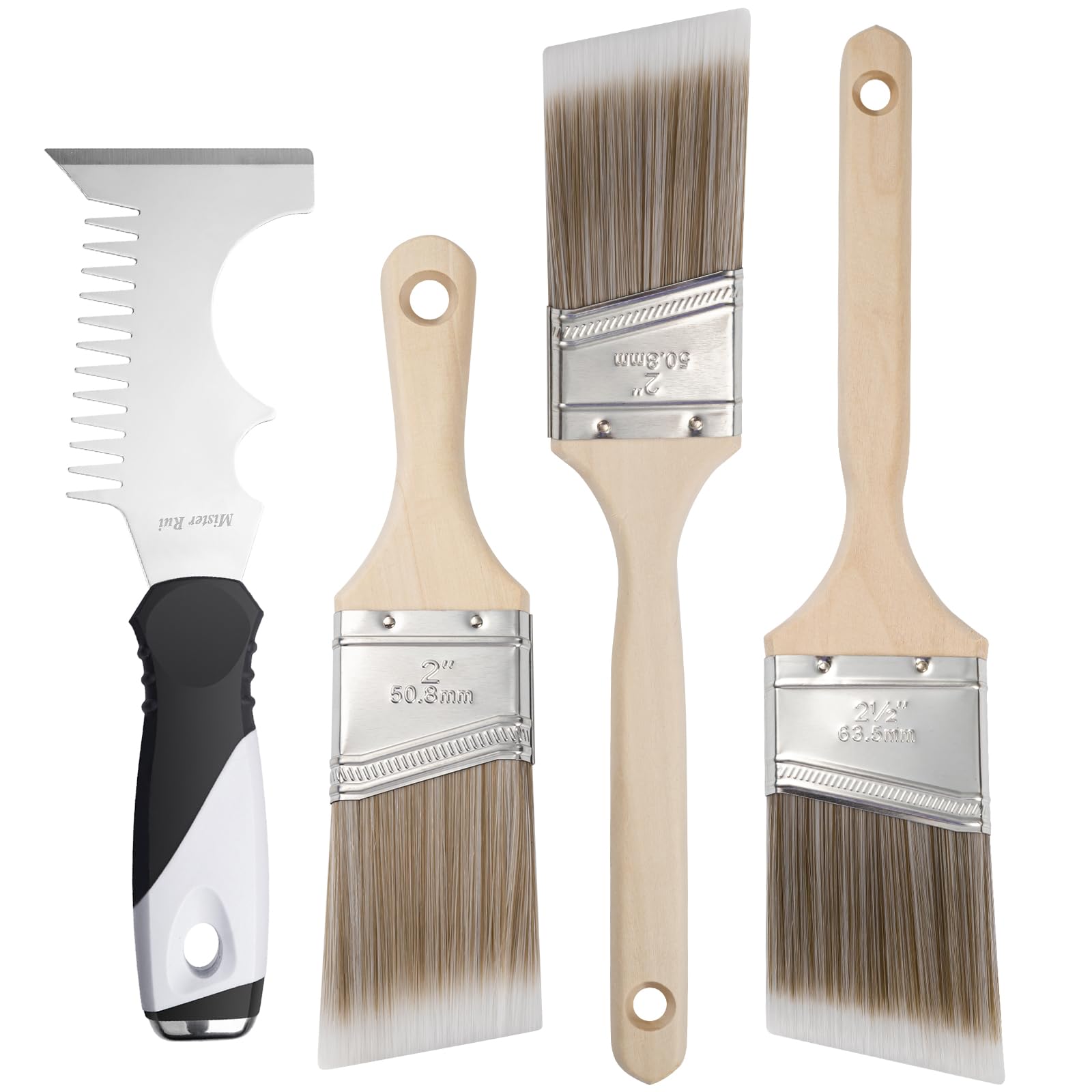 Photo 1 of Mister Rui Paint Brush 4 Piece Set, 2" Short & Long Handle, 2.5" Angled Brushes with Paint Comb, Commercial Grade Trim, Cabinet, Roller Brushes