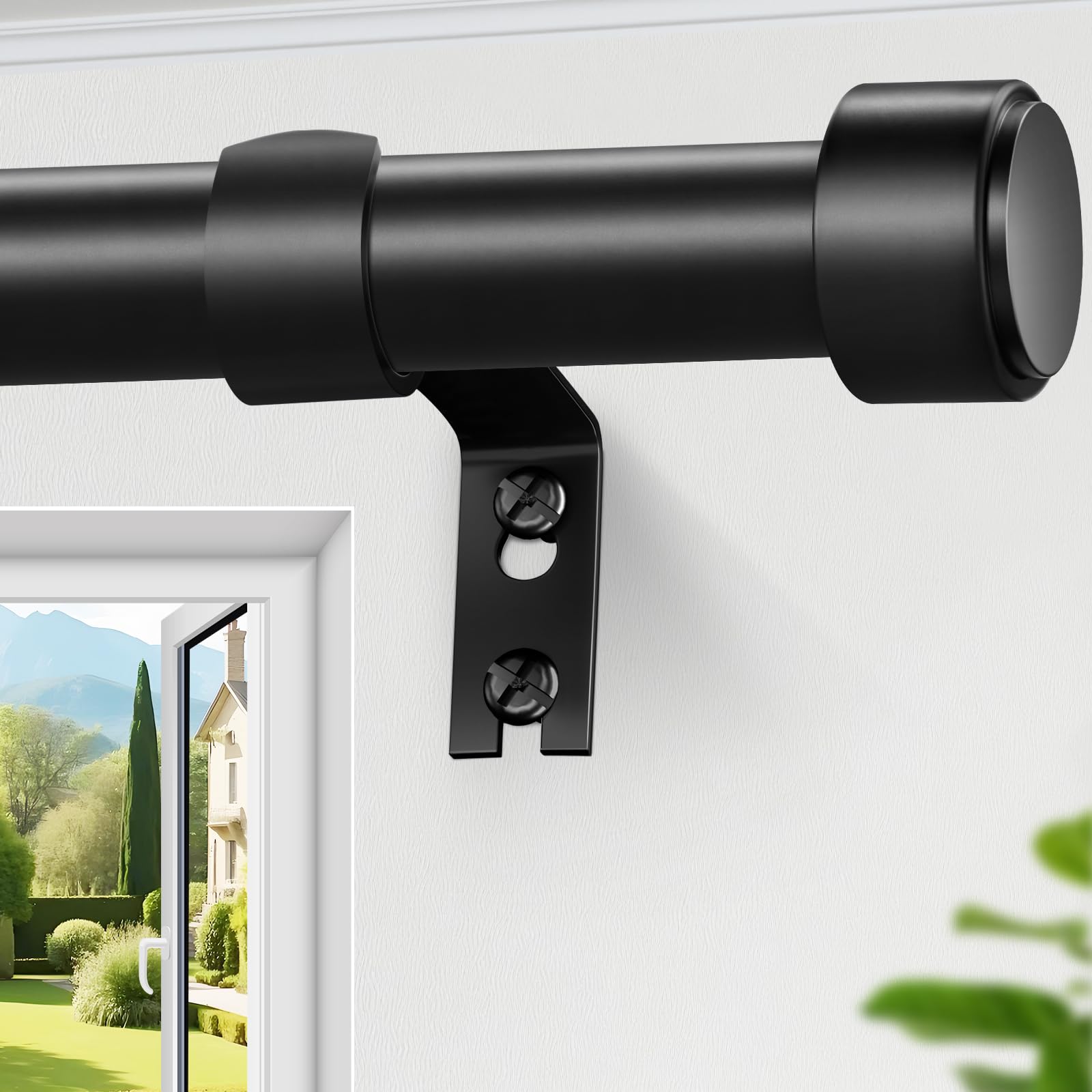 Photo 1 of Curtain Rods for Windows 18 to 60 Inch Adjustable Heavy Duty Black Curtain Rods, 1 Inch Outdoor Curtain Rod for Patio Renter Friendly Curtain Rod Easy Install and Modern Design
