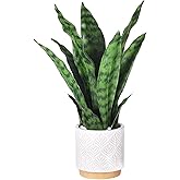 DUZYXI Artificial Snake Plants 16" with White Ceramic Pot Sansevieria Plant Fake Snake Plant Greenery Faux Plant in Pot for Home Office Living Room Housewarming Gifts Indoor Outdoor Decor-Green