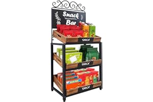 MyGift Fruit Stand and Produce Stand with Burnt Wood Trays, Bakery Display Rack, Bread Display Shelf, 3-Tier Vintage Metal Design with Chalkboard Signs