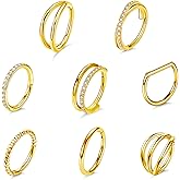 8 Pcs Nose Rings Hoops 316L Surgical Steel Septum Rings CZ Opal Twisted Clicker Nose Rings Hoop Helix Cartilage Daith Tragus Sleeper Earrings Body Piercing for Women Men Silver Gold Hinged Segment Septum jewelry 8mm/10mm