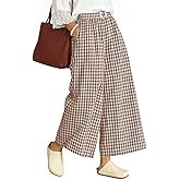 TARSE Womens Gingham Wide Leg Cropped Pants Casual Loose Plaid Culottes Elastic Waist Palazzo Pants with Pockets