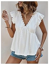 SweatyRocks Women's Lace Trimmed V Neck Ruffled