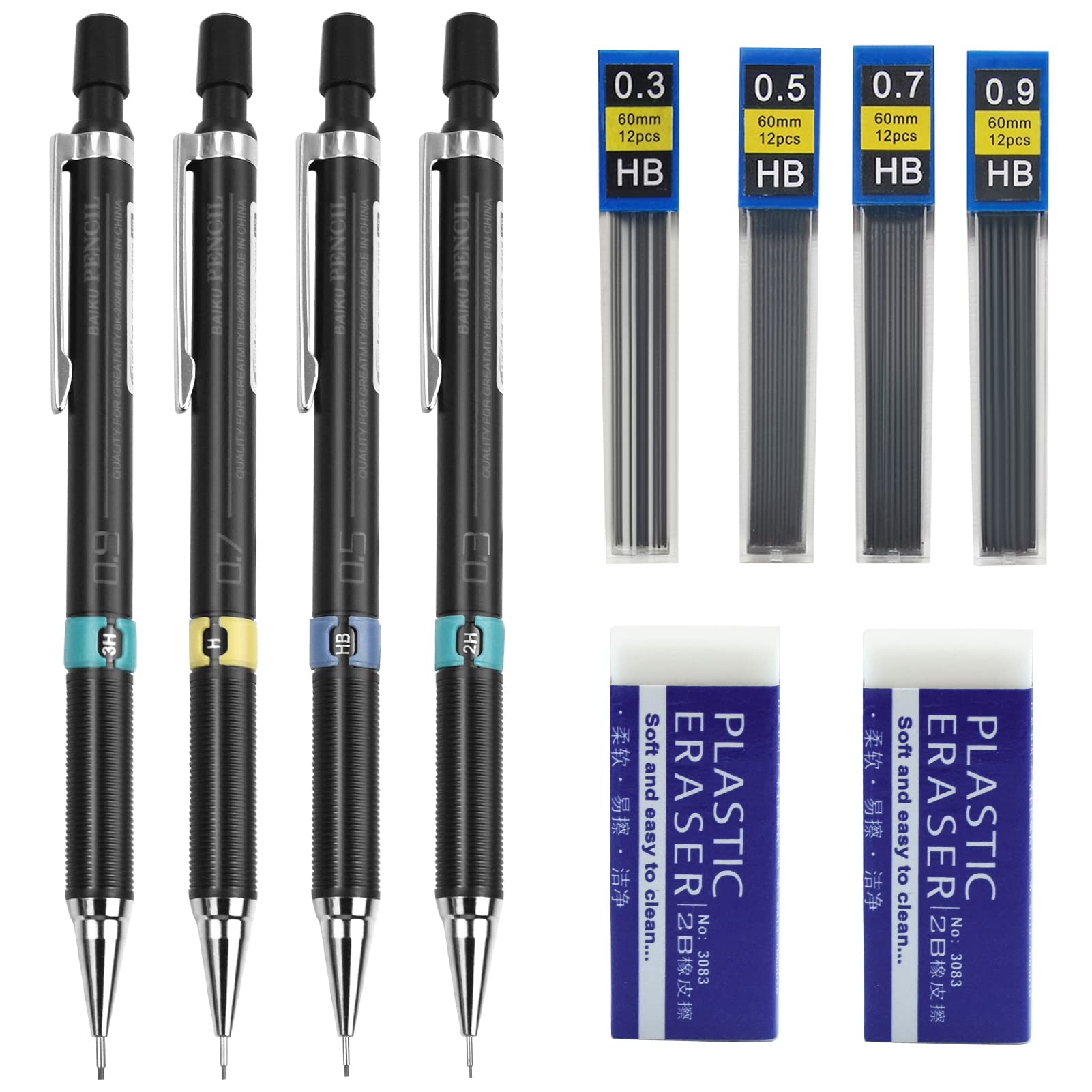 Zngou 4Pcs Mechanical Pencil Set 0.3 0.5 0.7 0.9mm HB Automatic Lead Architecture Propelling with Rubber Refill for Artist School Drawing Writing Sketching