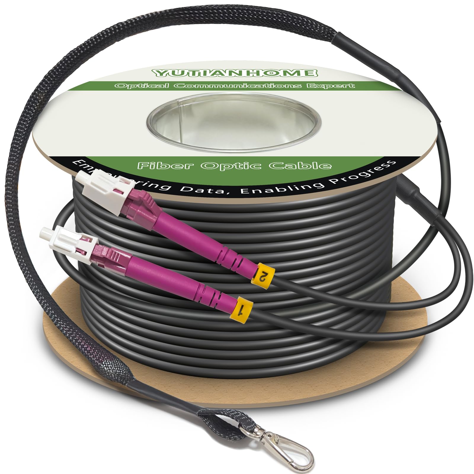 Photo 1 of 330ft/100m OD-5mm Industrial TPU OM4 Fiber LC to LC Outdoor Armored Fiber Patch Cable, Duplex Multimode Fiber Optic Cable, 40G/100G, 50/125, OM4 LC-LC with Pulling Eye Kit Installed on one end