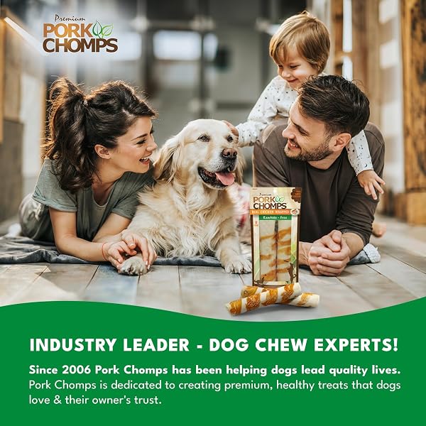 PORK CHOMPS BAKED PORK SKIN DOG CHEWS, 8-INCH ROLLS, REAL CHICKEN WRAP, 2 COUNT