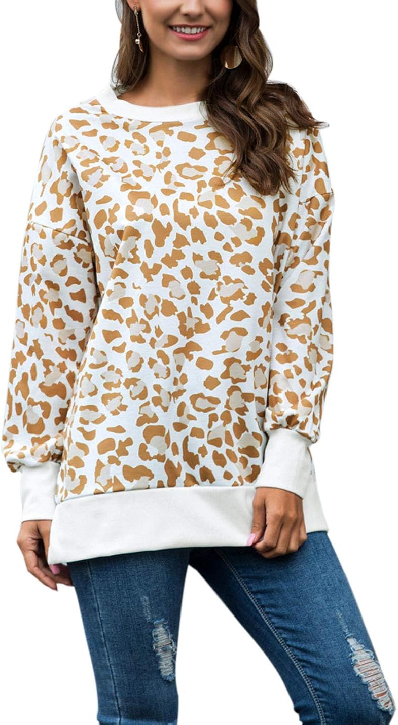 PAODIKUAI Women's Oversized Leopard Print Crewneck Sweatshirt Pullover Top T Shirt (Yellow 