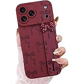 OOK Case for iPhone 17 Pro Max Case with Screen Protector, Cute Bow Design with Adjustable Wristband Strap Kickstand Slim Soft TPU Rubber for Women Girls Phone Cover-Wine Red