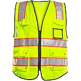 PACIFIC 10 Pockets Safety Vest for Men, 3M High Visibility Reflective Strips with Pockets and Zipper, ANSI Class 2, Yellow, Large