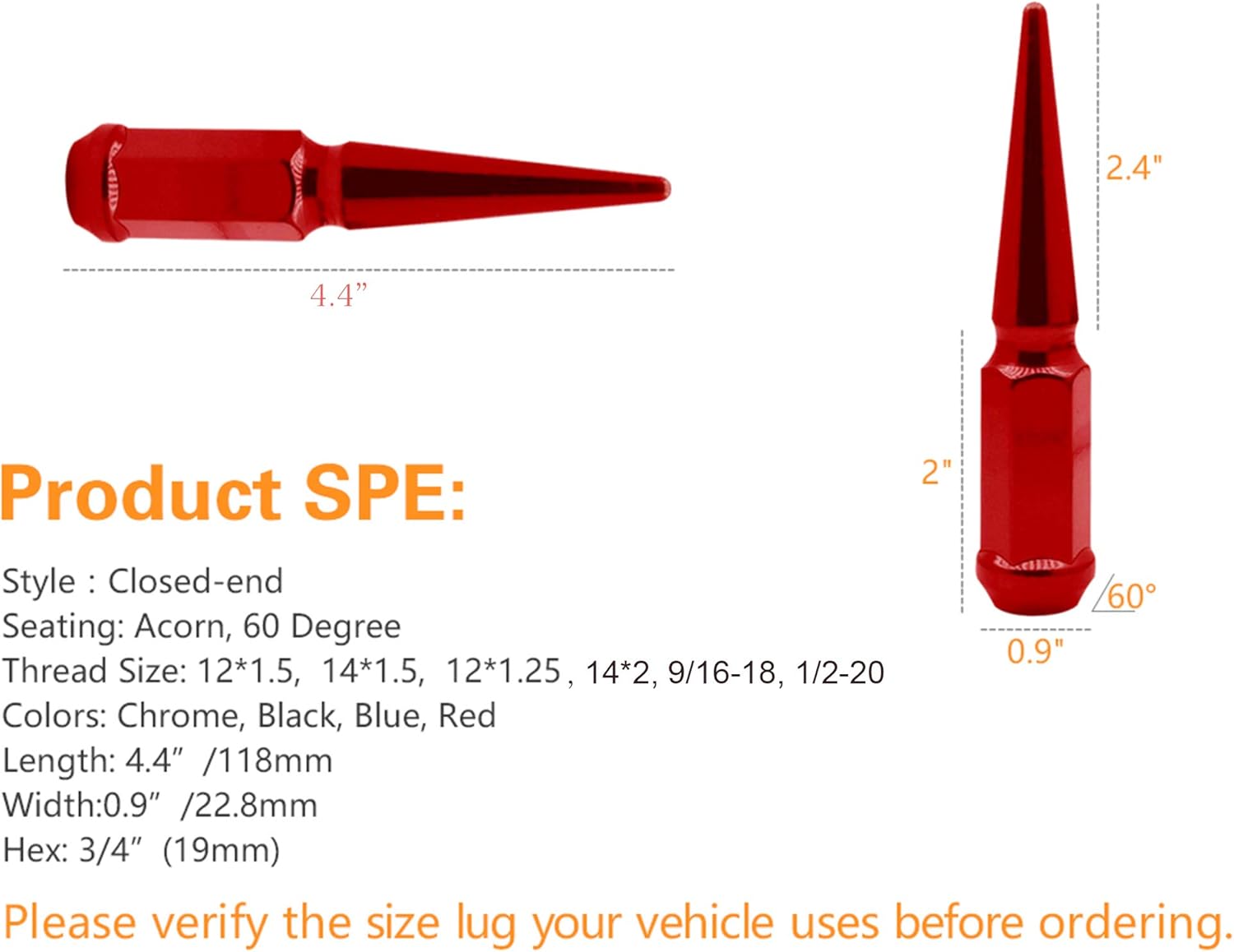 32 pcs 9/16-18 112mm 4.4" Wheel Car Spike Lug Nuts Red Conical w/Key: Industrial & Scientific
