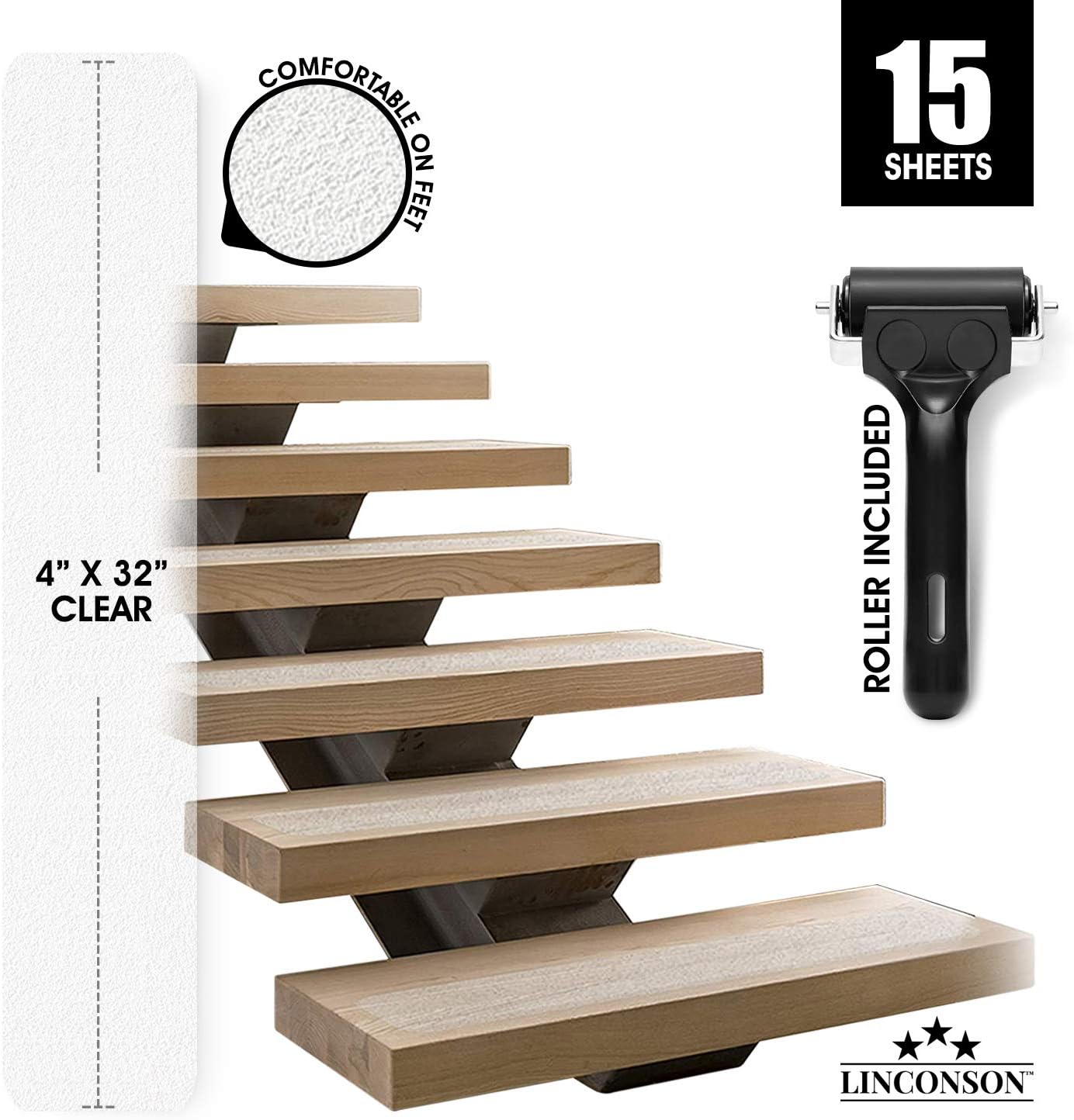 LINCONSON Clear Slip Resistant Stairs Tread Grip Tape | 4” x 32” | Anti Slip Strips-PVC Free (15 Pack) | Easy Install Roller Included