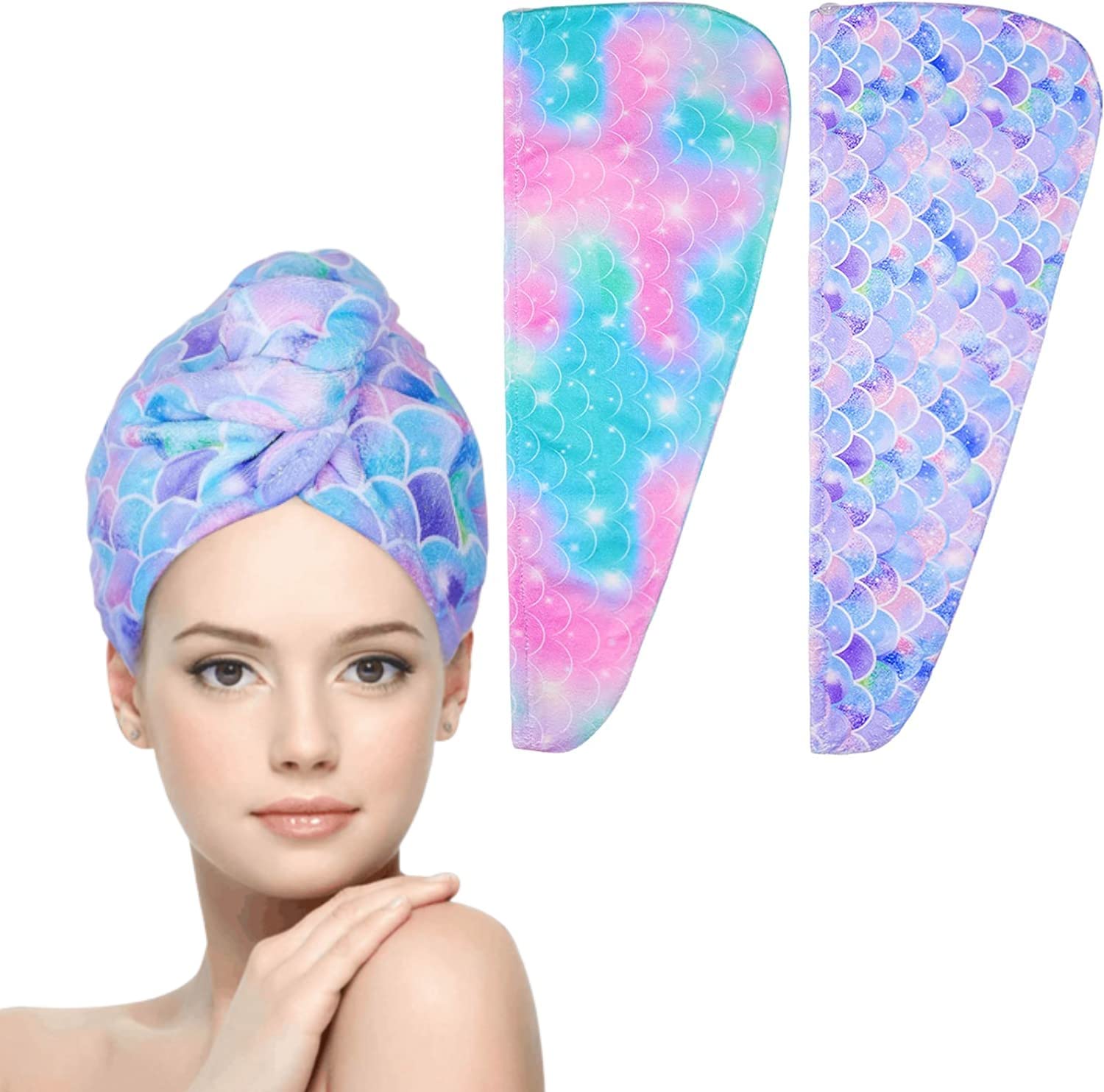WUBAYI 2 Pack Microfibre Hair Towels - Quick Drying & Ultra Absorbent, With Button. Designed For Wet Hair Wraps, Women's & Girls' (Mermaid)